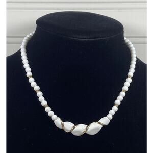 Vintage White Plastic? & Enamel Gold Accents Geometric Collar Costume Necklace